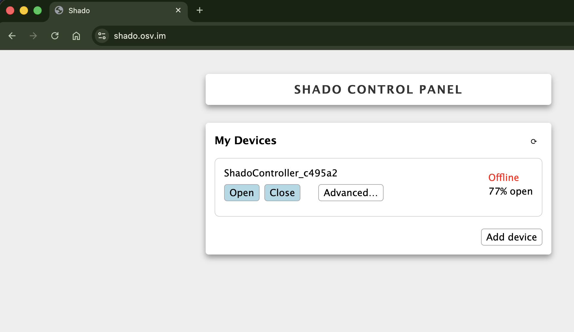 Shado web control panel showing a registered device, controls, status, and position