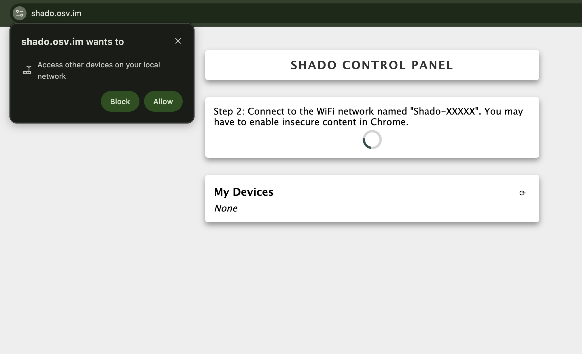 Shado web onboarding screen prompting the user to connect to the device