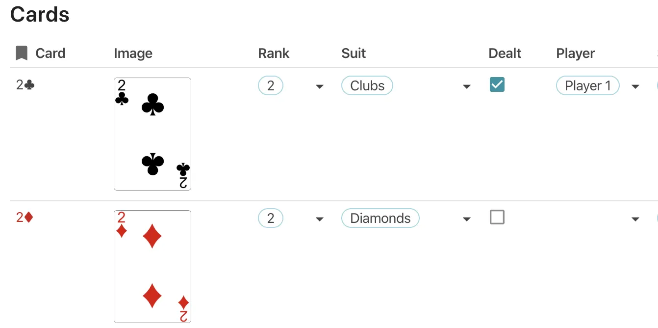 Cards Coda table