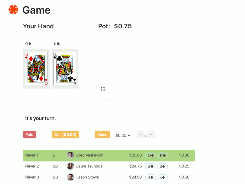 Multiplayer poker gameplay inside Coda